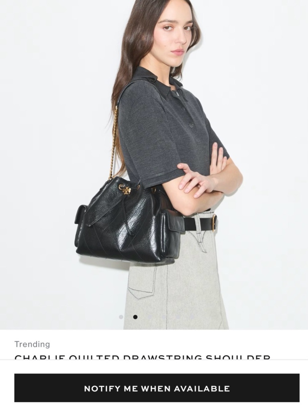 Tory Burch Black Quilted Drawstring Shoulder Bag with Gold Hardware BRAND NEW - Picture 5 of 6